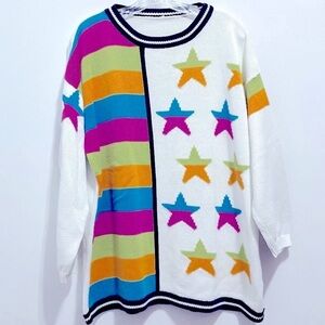 White Women’s Stars and Stripes Print Colorful Knit Cotton Sweater
